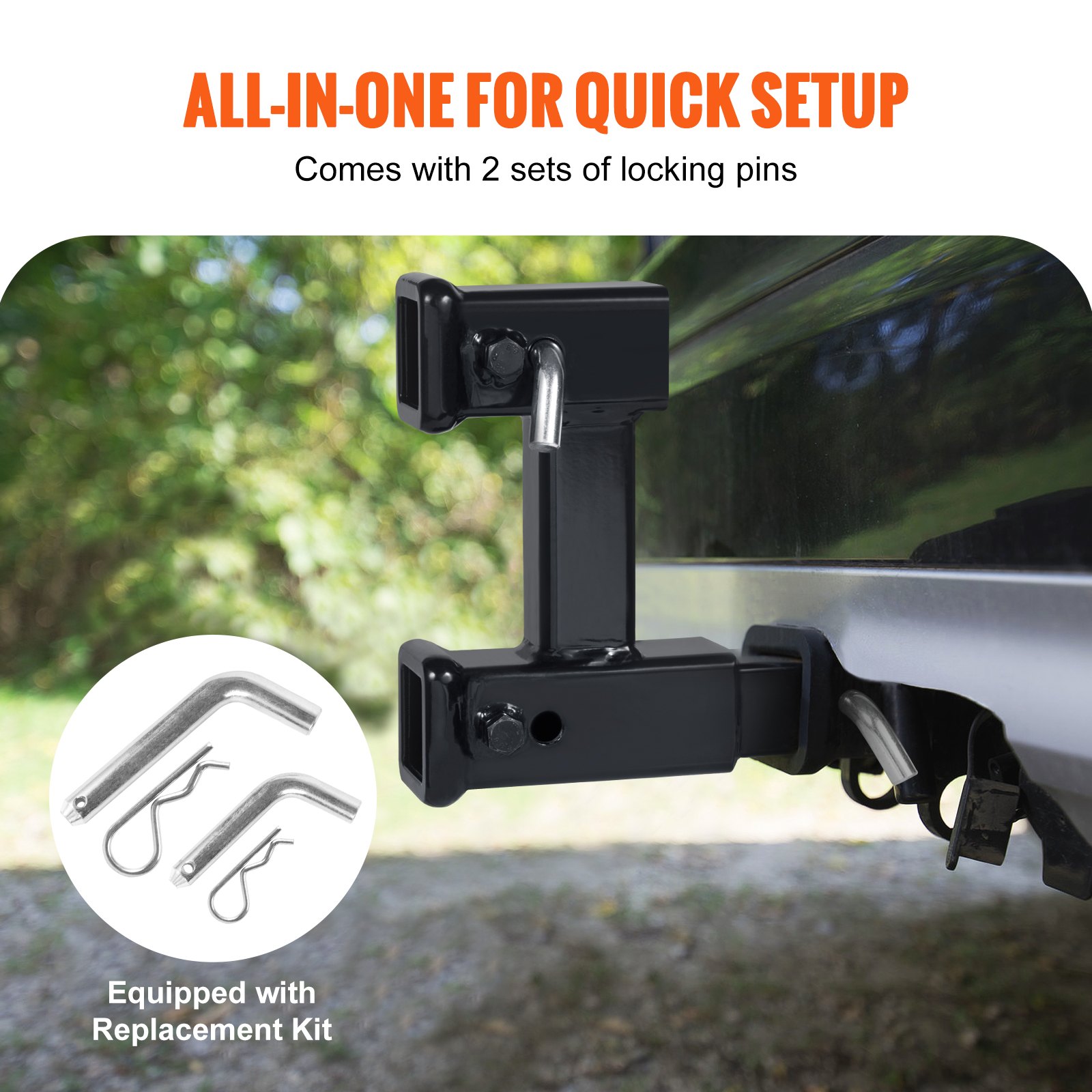 VEVOR Dual Hitch Extension, for 2" Trailer Hitch Receiver, Hitch Adapter Extender to 10" Max Adjustable Length, 7-1/2" Rise/Drop, 4000 lbs Towing Capacity, Hitch Pins, Bolt and Nut Kit Included, Black