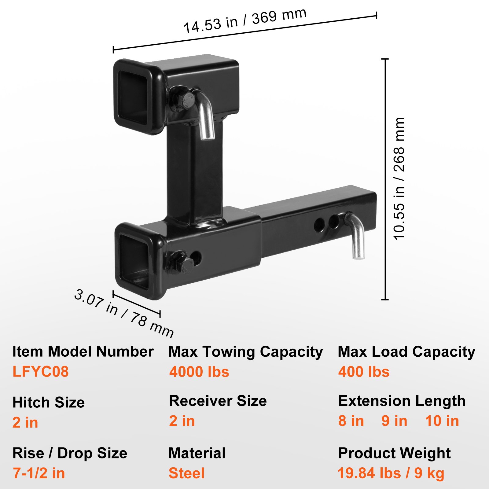 VEVOR Dual Hitch Extension, for 2" Trailer Hitch Receiver, Hitch Adapter Extender to 10" Max Adjustable Length, 7-1/2" Rise/Drop, 4000 lbs Towing Capacity, Hitch Pins, Bolt and Nut Kit Included, Black