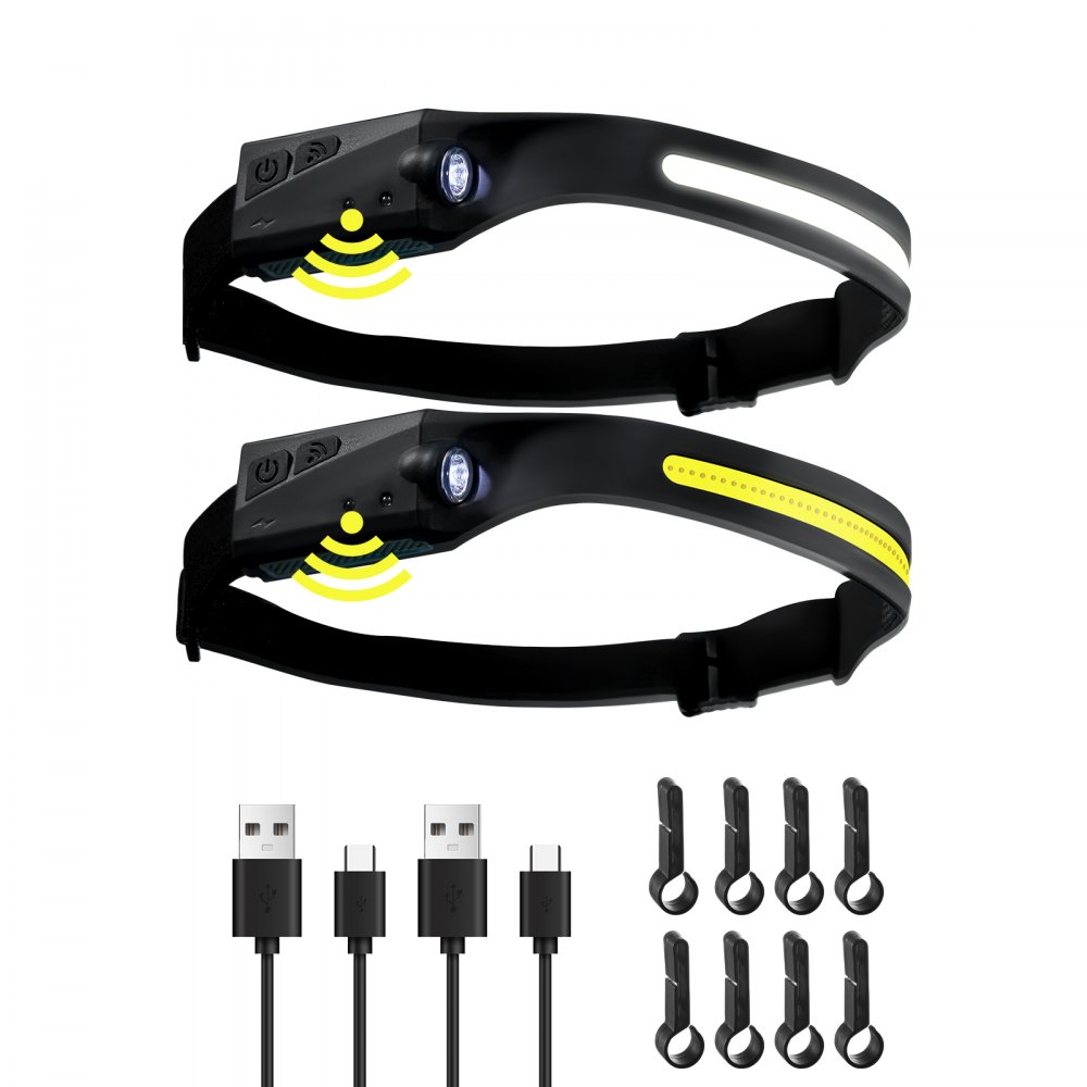 VEVOR rechargeable headlamp with adjustable strap, usb charging cables, and clips included.