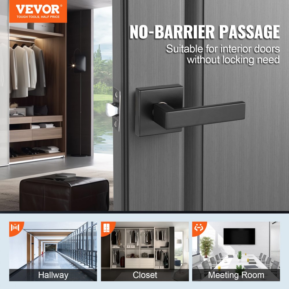 VEVOR Passage Door Handle, 1 Pack Matte Black Door Lever, Left or Right Handing Reversible Lever Non-Locking, 45° Rotation to Open, Universal Square Interior for Hallways, Closets, Meeting Spaces