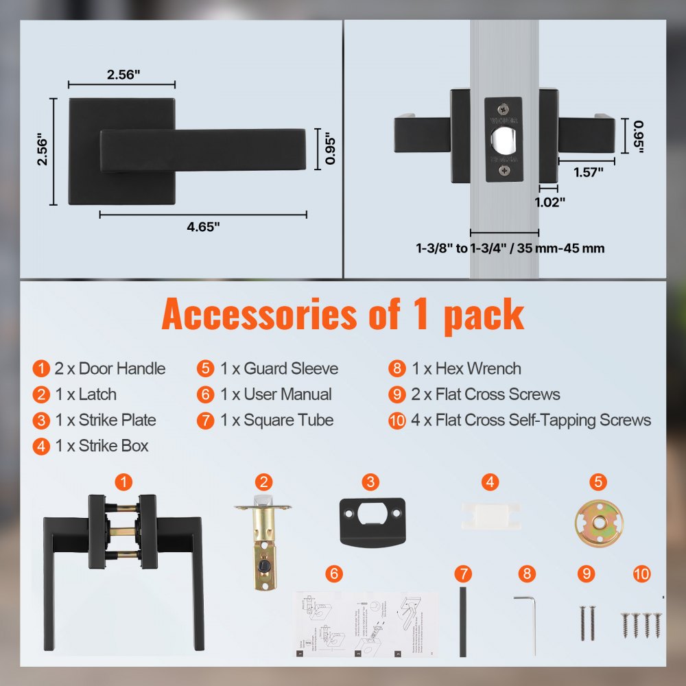 VEVOR Passage Door Handle, 1 Pack Matte Black Door Lever, Left or Right Handing Reversible Lever Non-Locking, 45° Rotation to Open, Universal Square Interior for Hallways, Closets, Meeting Spaces