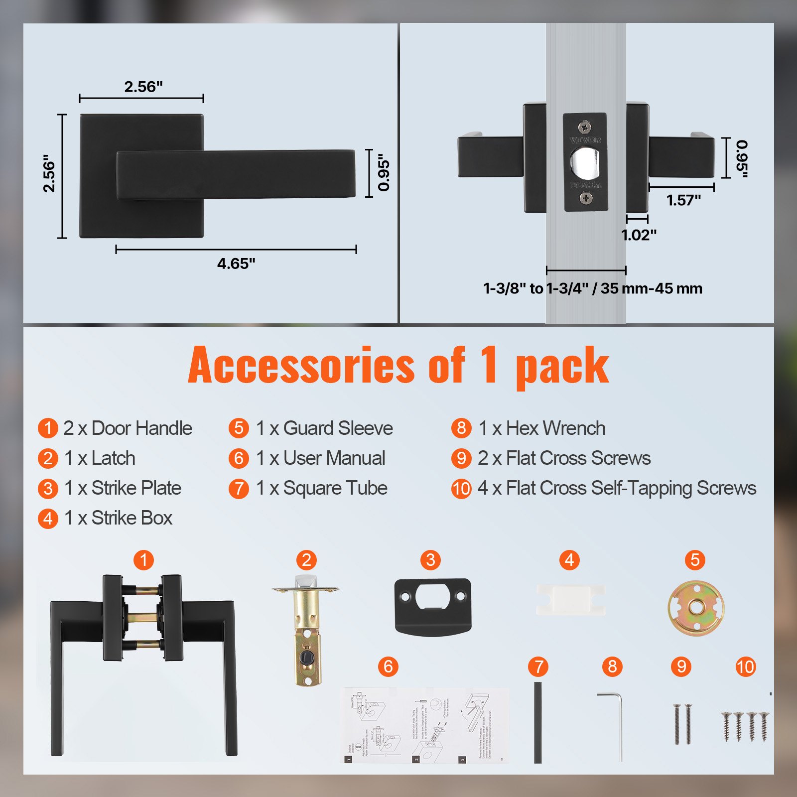 VEVOR Passage Door Handle, 1 Pack Matte Black Door Lever, Left or Right Handing Reversible Lever Non-Locking, 45° Rotation to Open, Universal Square Interior for Hallways, Closets, Meeting Spaces