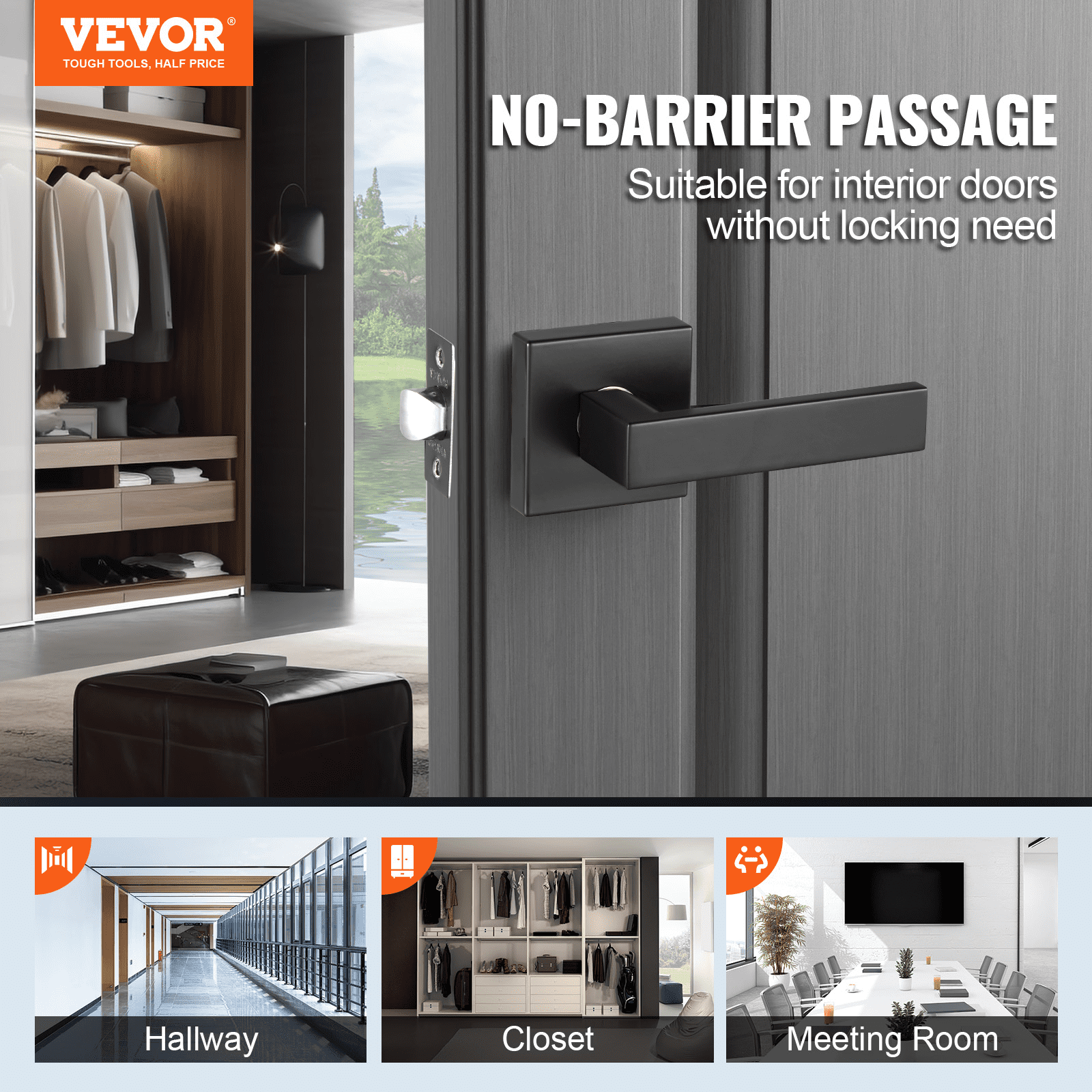 VEVOR Passage Door Handle, 6 Pack Matte Black Door Lever, Left or Right Handing Reversible Lever Non-Locking, 45° Rotation to Open, Universal Square Interior for Hallways, Closets, Meeting Spaces