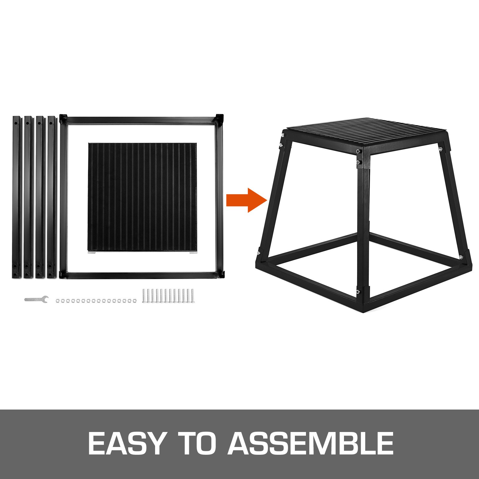 VEVOR plyometric box assembly components and final product with &quot;easy to assemble&quot; text.