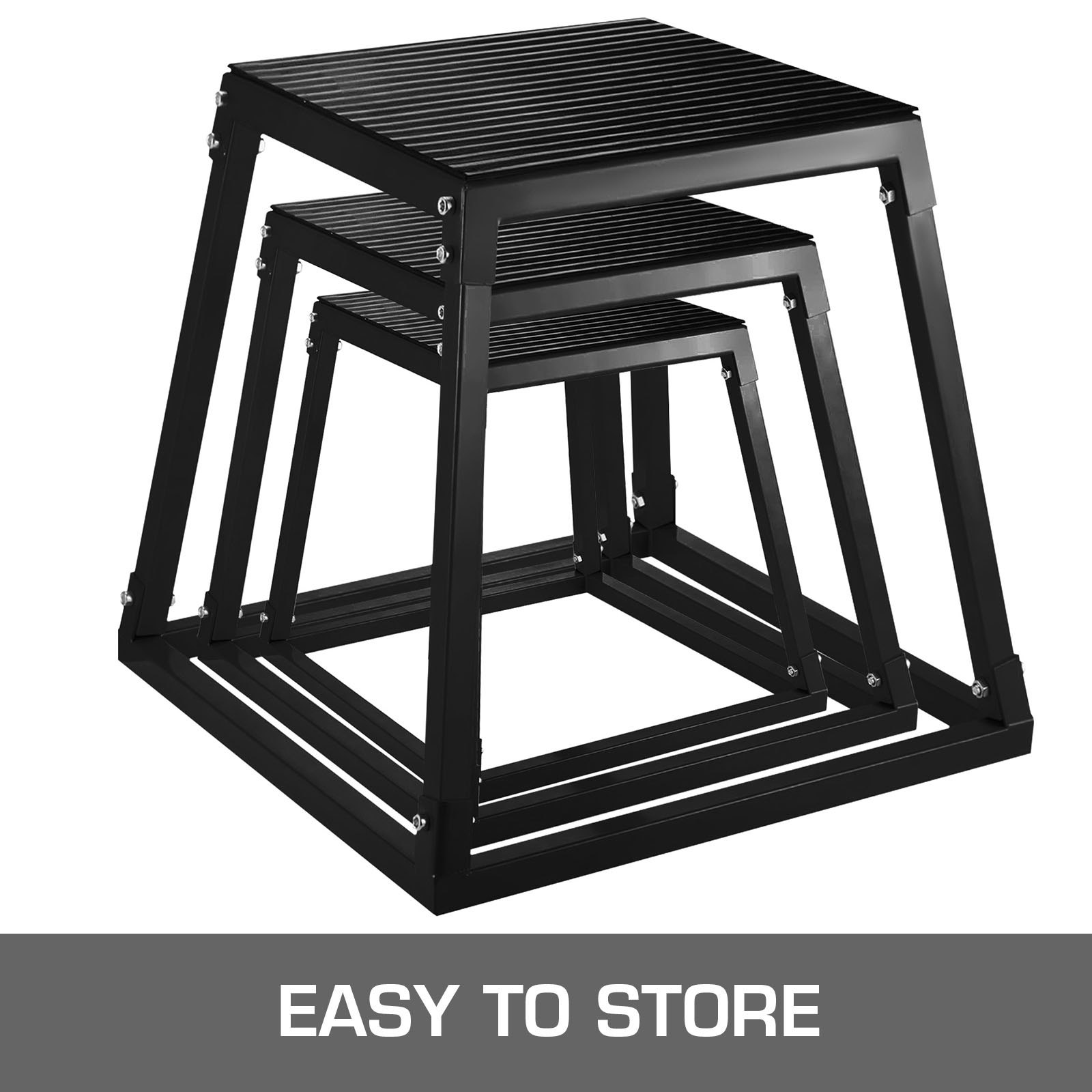stacked VEVOR plyometric box set in black with &quot;easy to store&quot; text at bottom.