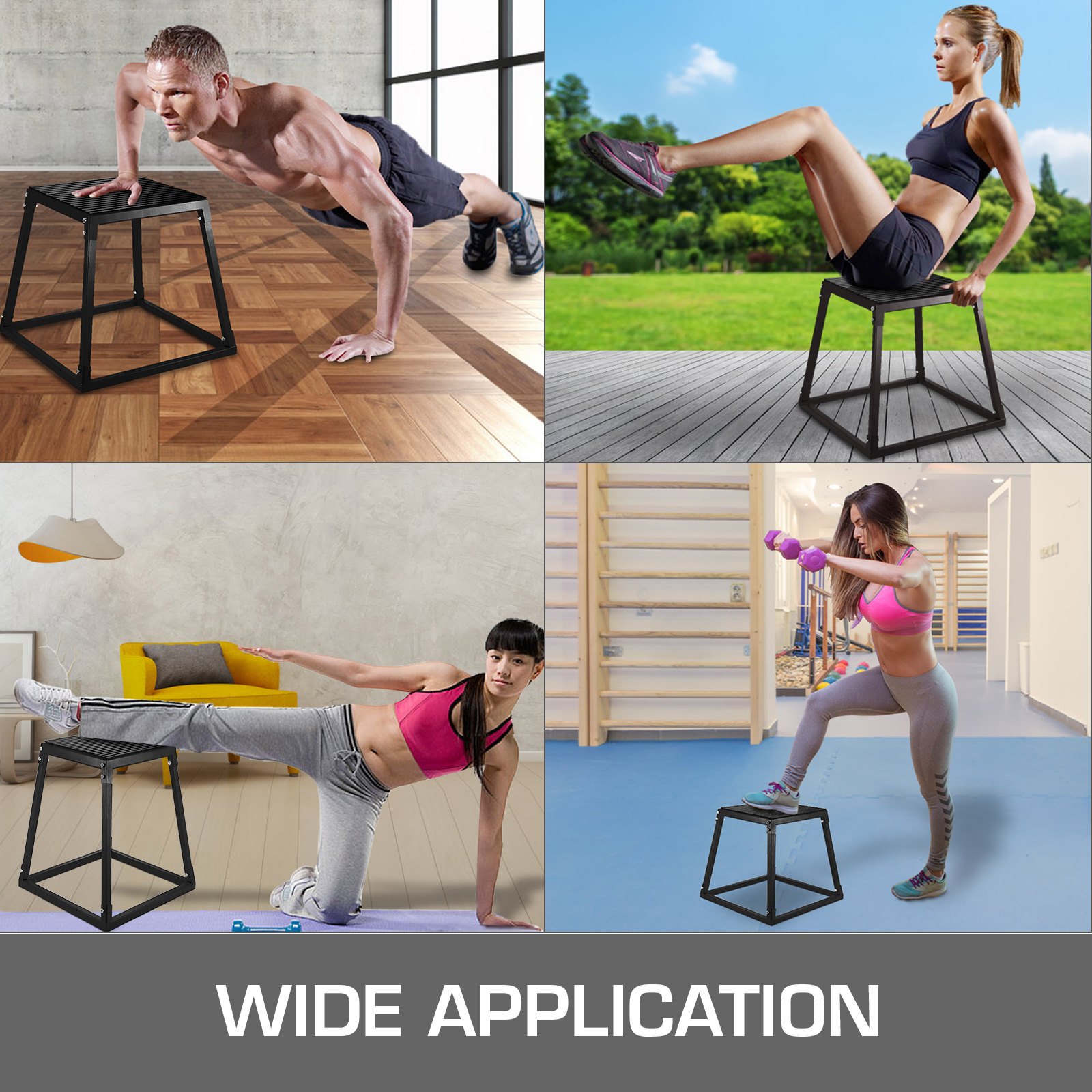 people exercising with VEVOR plyometric box in various settings displaying wide application.