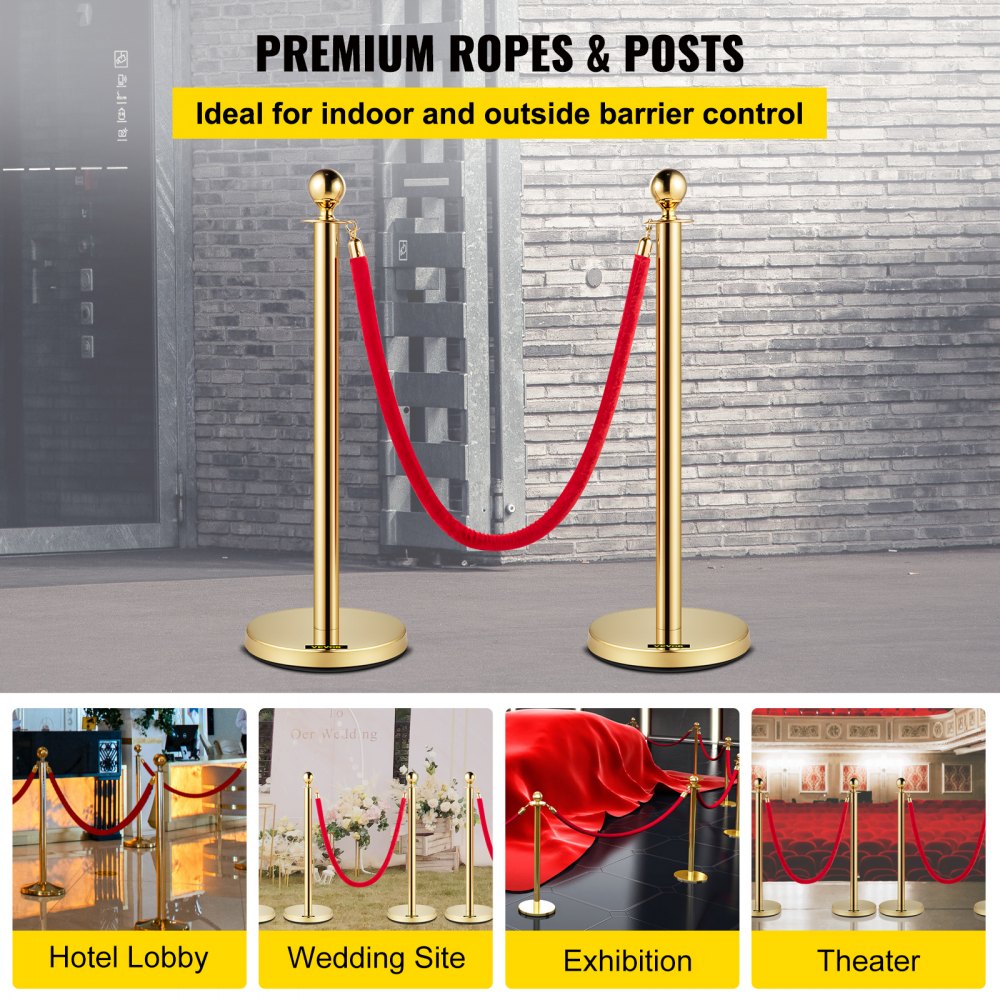 VEVOR Velvet Ropes and Posts, 5 ft/1.5 m Red Rope, Stainless Steel Gold Stanchion with Ball Top, Red Crowd Control Barrier Used for Theaters, Party, Wedding, Exhibition, Ticket Offices 4 packSets