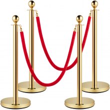 VEVOR Velvet Ropes and Posts, 5 ft/1.5 m Red Rope, Stainless Steel Gold Stanchion with Ball Top, Red Crowd Control Barrier Used for Theaters, Party, Wedding, Exhibition, Ticket Offices 4 packSets