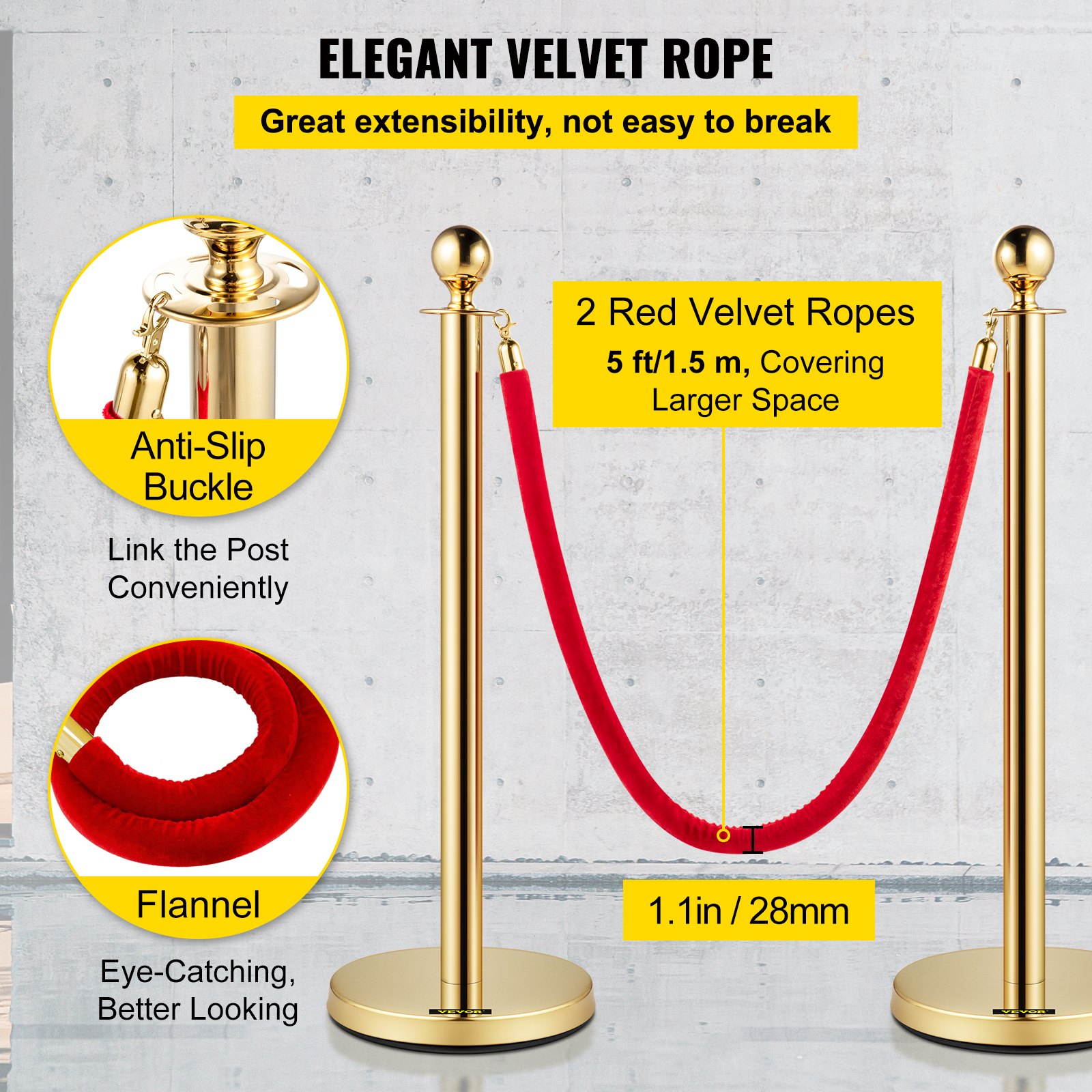 VEVOR Velvet Ropes and Posts, 5 ft/1.5 m Red Rope, Stainless Steel Gold Stanchion with Ball Top, Red Crowd Control Barrier Used for Theaters, Party, Wedding, Exhibition, Ticket Offices 4 packSets