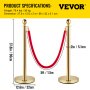 Zamatové laná a stĺpiky VEVOR, 5 stôp/1,5 m červené lano, zlatý stĺp z nehrdzavejúcej ocele s loptičkou, červená bariéra proti davu používaná pre divadlá, párty, svadby, výstavy, sady balíčkov vstupeniek (6)
