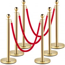 Βελούδινα σχοινιά και στύλοι VEVOR, 5 ft/1,5 m κόκκινο σχοινί, χρυσό ορθοστάτη από ανοξείδωτο ατσάλι με μπαλάκι, κόκκινο φράγμα ελέγχου του πλήθους που χρησιμοποιείται για θέατρα, πάρτι, γάμους, εκθέσεις, σετ πακέτα εισιτηρίων (6)