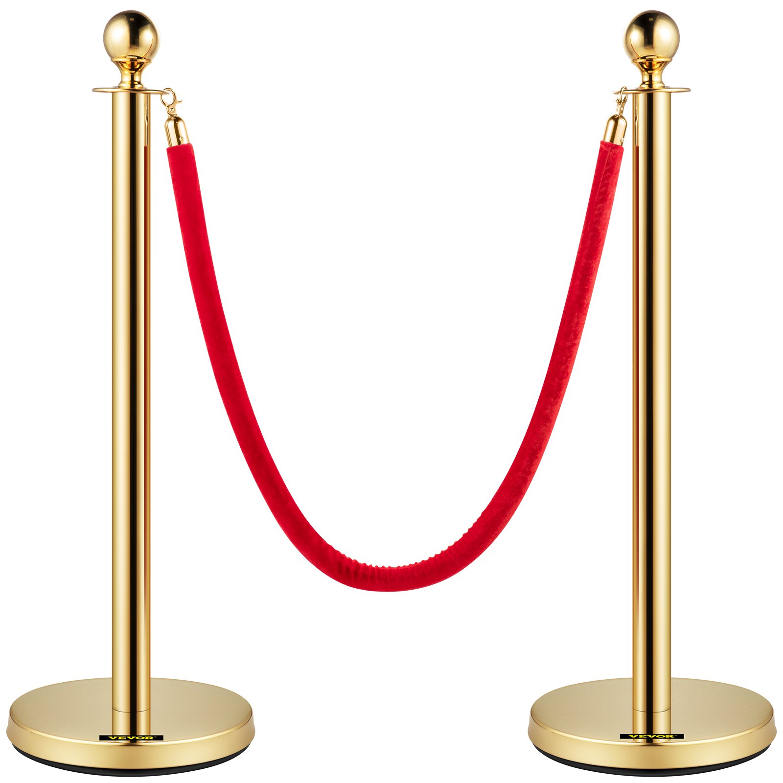 VEVOR Velvet Ropes and Posts, 5 ft/1.5 m Red Rope, Stainless Steel Gold Stanchion with Ball Top, Red Crowd Control Barrier Used for Theaters, Party, Wedding, Exhibition, Ticket Offices Pack Sets (6)