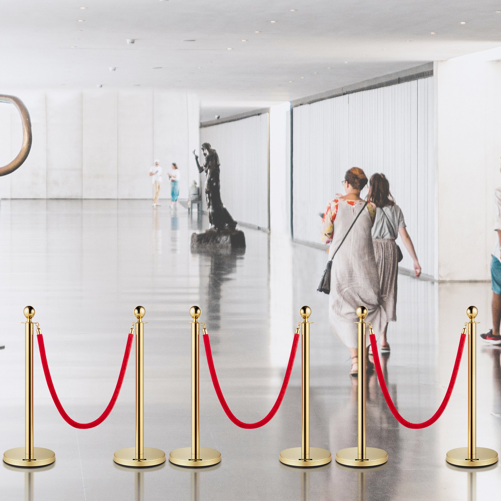 VEVOR Velvet Ropes and Posts, 1.5 m Red Rope, Stainless Steel Gold Stanchion with Ball Top, Red Crowd Control Barrier Used for Theaters, Party, Wedding, Exhibition, Ticket Offices Pack Sets (6)