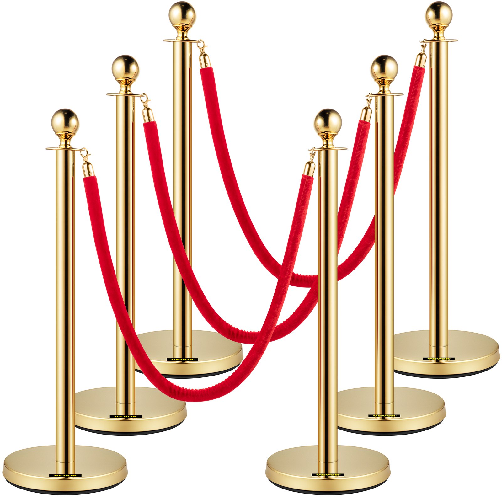 VEVOR Velvet Ropes and Posts, 1.5 m Red Rope, Stainless Steel Gold Stanchion with Ball Top, Red Crowd Control Barrier Used for Theaters, Party, Wedding, Exhibition, Ticket Offices Pack Sets (6)
