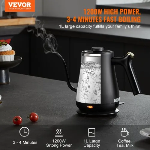 VEVOR Electric Gooseneck Kettle 1L, 1200W Fast Heating Gooseneck