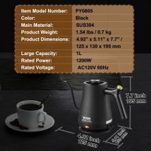 VEVOR Electric Gooseneck Kettle 1L, 1200W Fast Heating Gooseneck Pour Over Coffee Tea Kettle, 304 Food Grade Stainless Steel Hot Water Boiler Heater with Auto Shut-off, Boil-Dry Protection