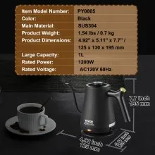 VEVOR 1L Electric Gooseneck Kettle, 1200W Fast Heating Gooseneck Pour Over Coffee Tea Kettle, 304 Food Grade Stainless Steel Hot Water Boiler Heater with Boil-Dry Protection, Auto Shut-off
