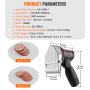 VEVOR electric shawarma knife specs displayed with slicing thickness examples. blade diameter 100 mm.