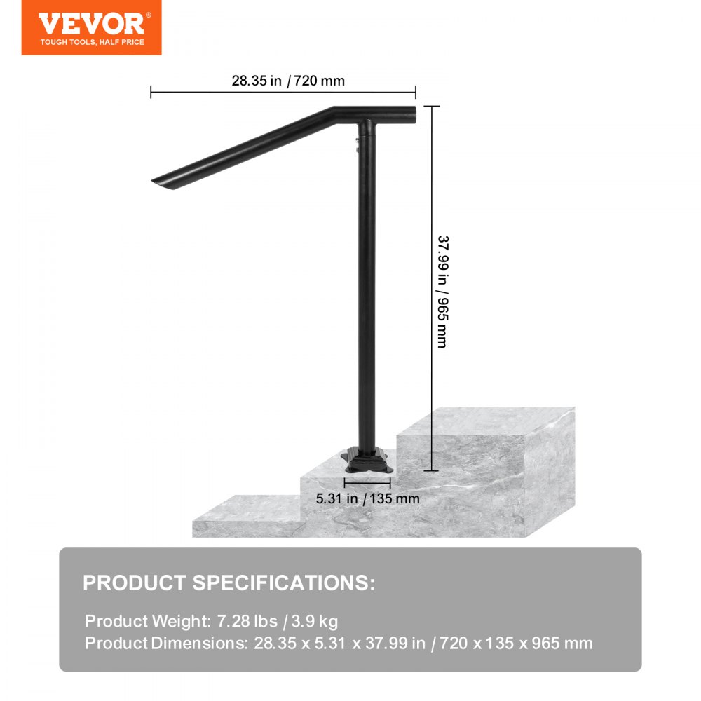 VEVOR step railing with dimensions and product weight listed.