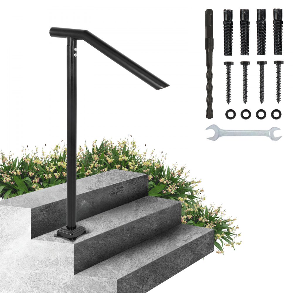 VEVOR step railing on stone steps with installation tools and green plants.