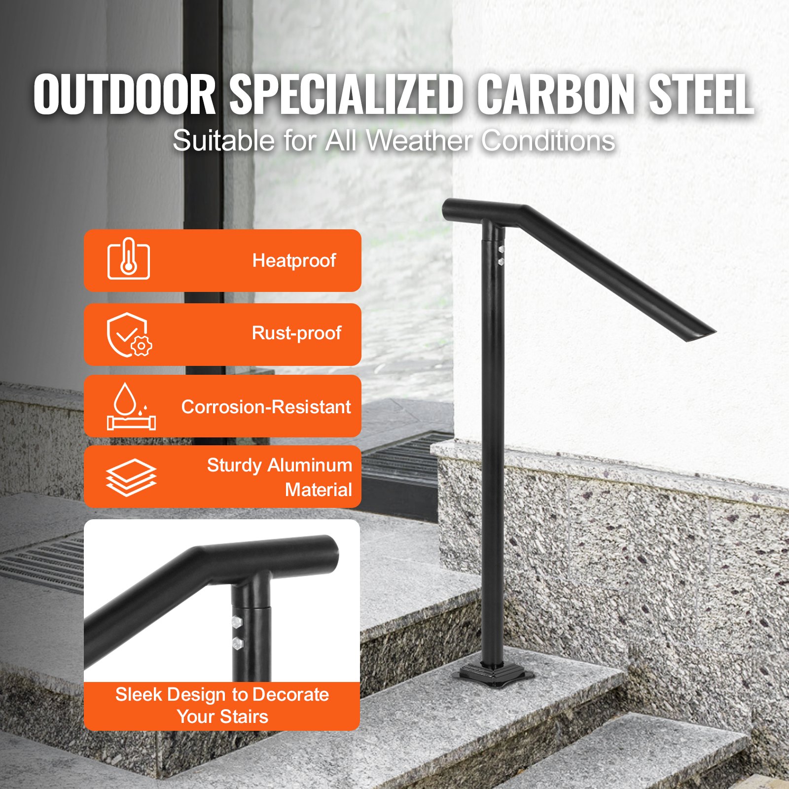 VEVOR step railing in black carbon steel, heatproof, rustproof, corrosion-resistant.
