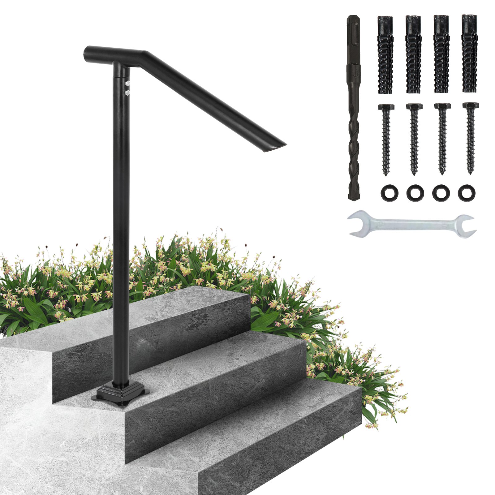 Sweiko 1-3 Step Handrail Railing for Steps Steel 150 kg Capacity with Screw Kit Sweiko 1-3 Step Handrail Railing for Steps Steel 150 kg Capacity with Screw Kit