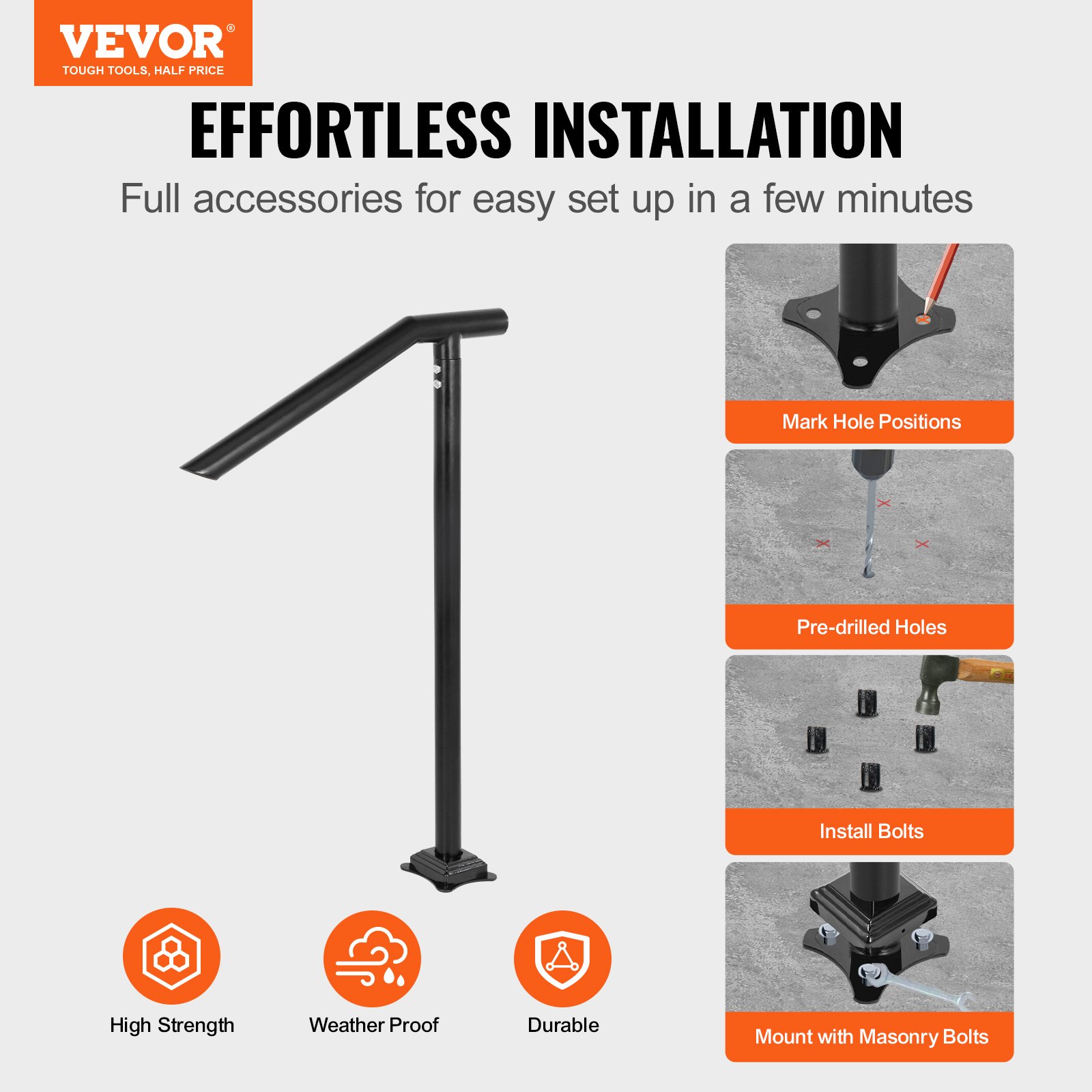 VEVOR Handrail, 1-3 Step Black Steel Railing for Steps 330LBS Capacity Stair Handrail  Baking Varnish Metal Handrail for Stairs Stylish Handrails for Outdoor Steps with Expansion Bolts & Drill Bit