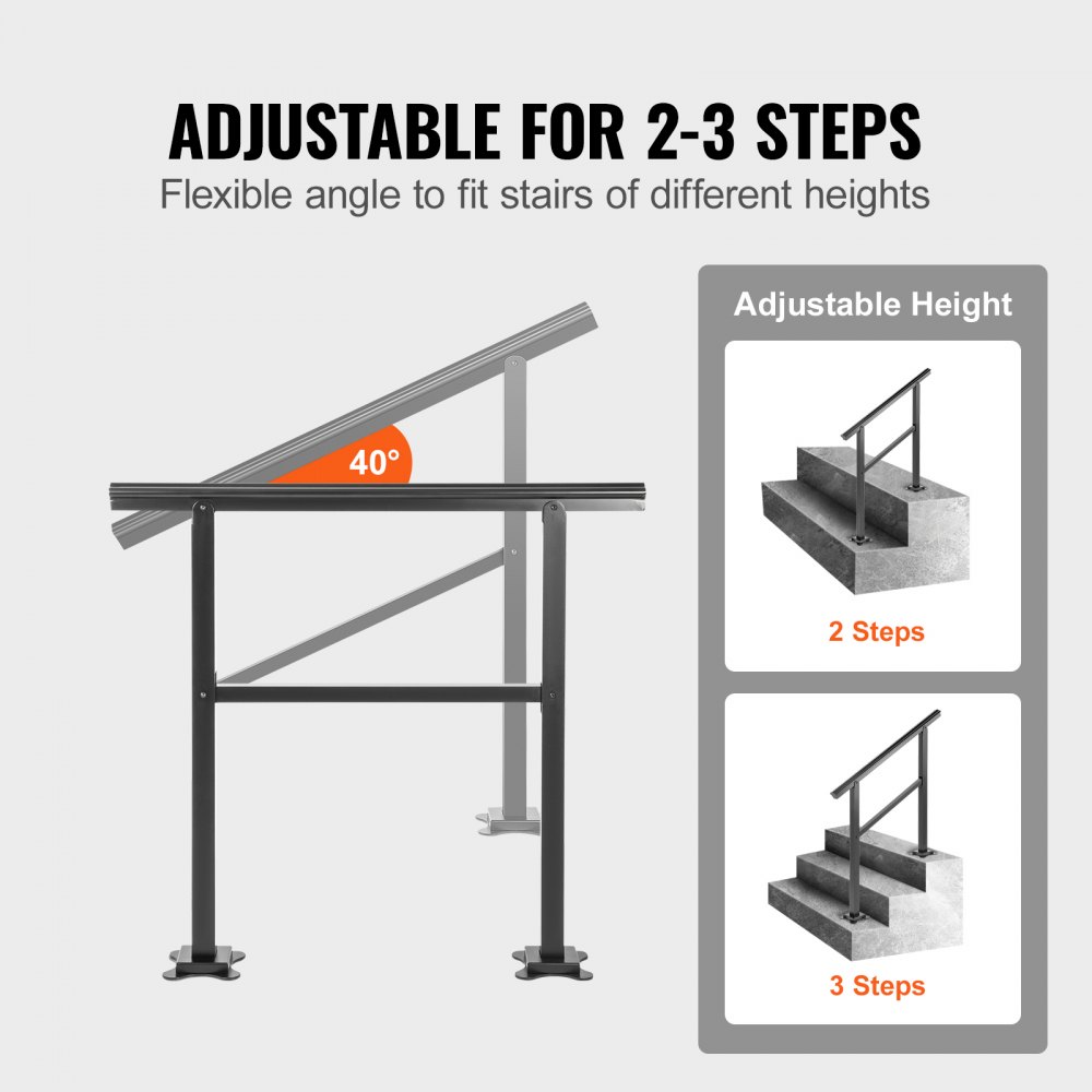 VEVOR Outdoor Handrail 165LBS Load Handrail Outdoor Stairs Aluminum Stair Handrail 36 x 35\" Outdoor Stair Railing Transitional Range from 0 to 30° Staircase Handrail Fits 2-3 Steps with Screw Kit