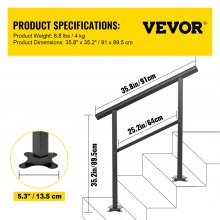 VEVOR Outdoor Handrail 165LBS Load Handrail Outdoor Stairs Aluminum Stair Handrail 36 x 35" Outdoor Stair Railing Transitional Range from 0 to 30° Staircase Handrail Fits 2-3 Steps with Screw Kit