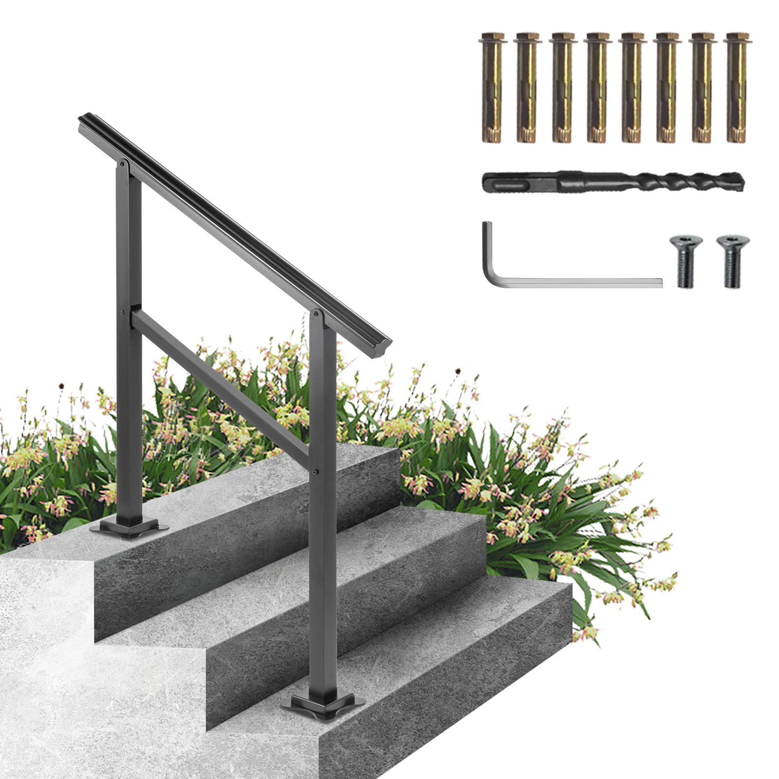 VEVOR outdoor handrail on concrete steps with installation hardware set.
