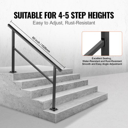 VEVOR 60 in. W x 35 in. H Adjustable Handrail Fits 4 Steps or 5 Steps Aluminum Handrails for Outdoor Steps, Black