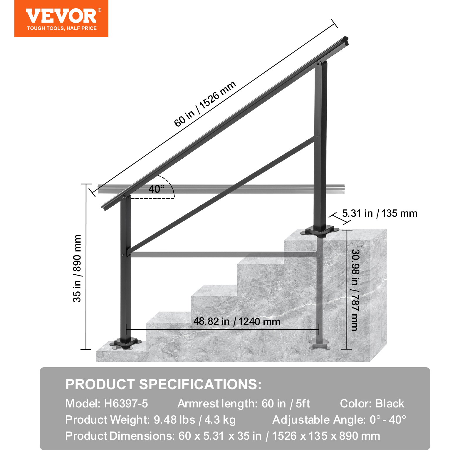 VEVOR Outdoor Handrail 165LBS Load Handrail Outdoor Stairs Aluminum Stair Handrail 152 x 89.5 cm Outdoor Stair Railing Transitional Range from 0 to 30° Staircase Handrail Fits 4-5 Steps with Screw Kit