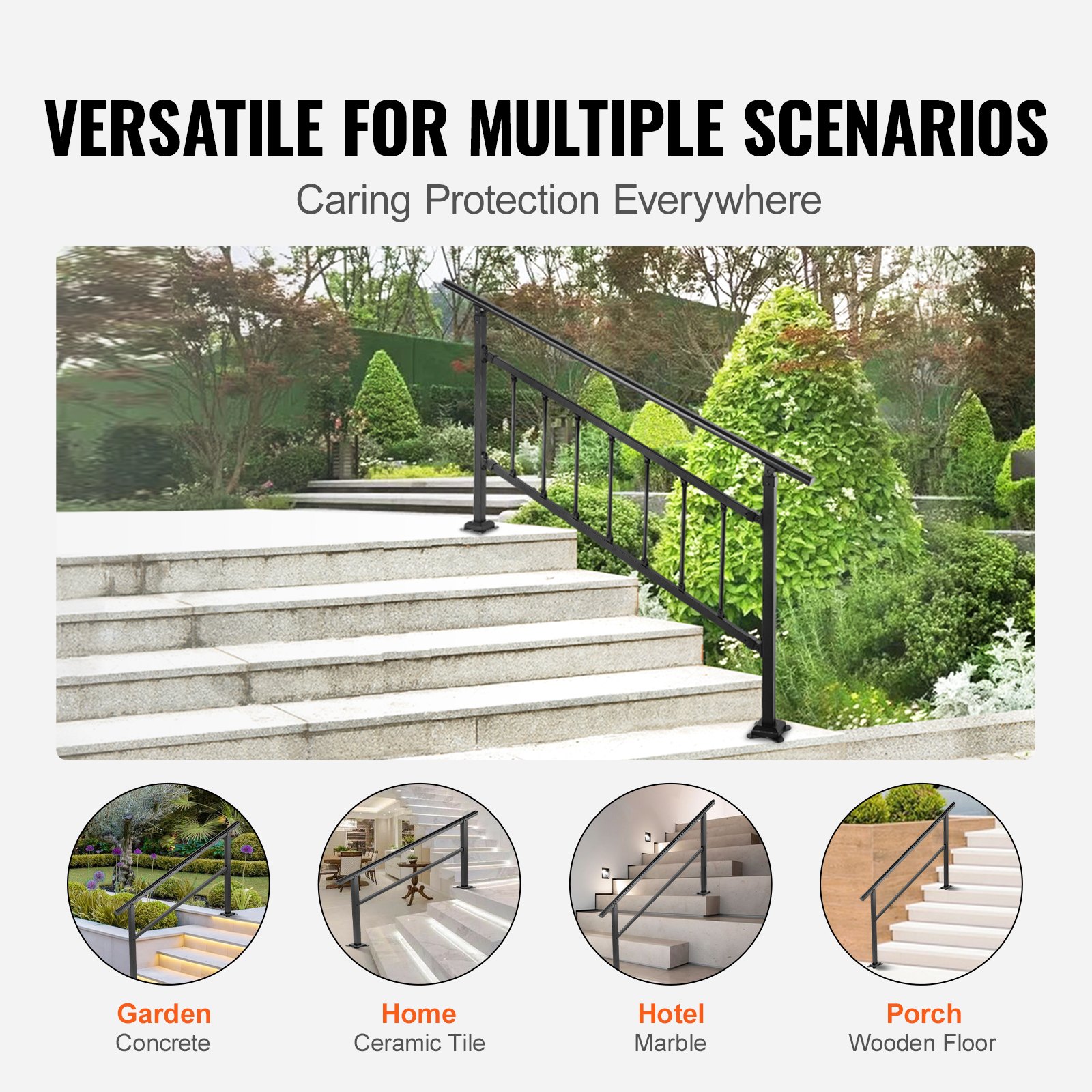 VEVOR Outdoor Handrail 165LBS Load Handrail Outdoor Stairs Aluminum Stair Handrail 60 x 35" Outdoor Stair Railing Transitional Range from 0 to 30° Staircase Handrail Fits 4-5 Steps with Screw Kit