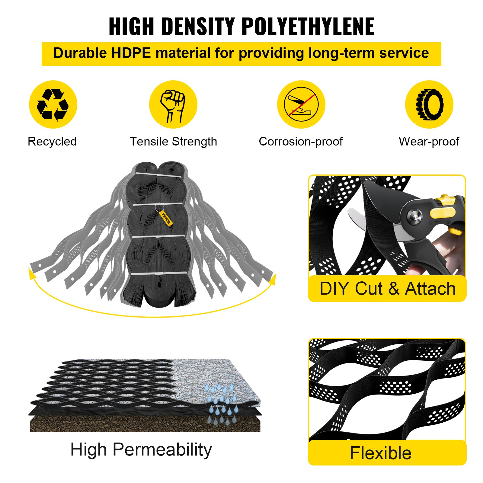 VEVOR Ground Grid, 1885 lbs per Sq Ft Load Geo Grid, 3" Depth Permeable Stabilization System for DIY Patio, Walkway, Shed Base, Light Vehicle Driveway, Parking Lot, Grass, and Gravel