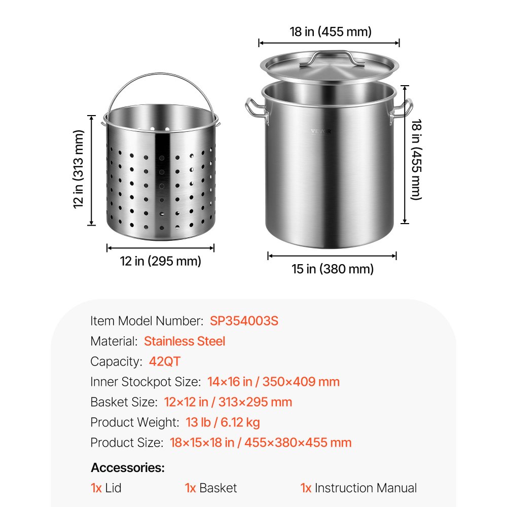 VEVOR Stainless Steel Stockpot 42qt Cooking Kitchen Sauce Pot with Strainer Lid