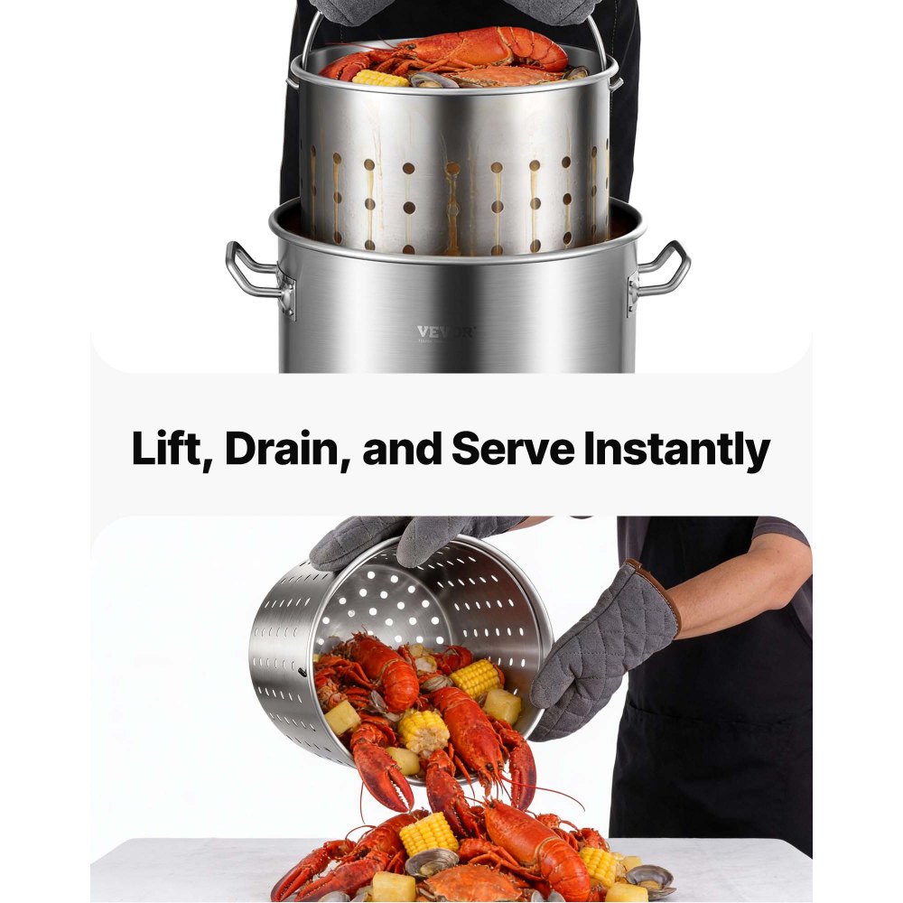 VEVOR Stainless Steel Stockpot, 42 Quart Large Cooking Pots, Cookware Sauce Pot with Basket, Lid, and Handle, Heavy Duty Commercial Grade Stock Pot, Sanding Treatment, for Large Groups Events Silver