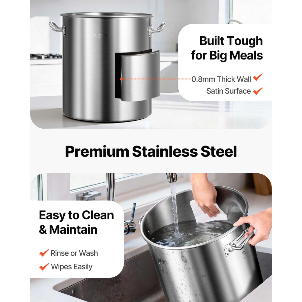 VEVOR Stainless Steel Stockpot, 42 Quart Large Cooking Pots, Cookware Sauce Pot with Basket, Lid, and Handle, Heavy Duty Commercial Grade Stock Pot, Sanding Treatment, for Large Groups Events Silver