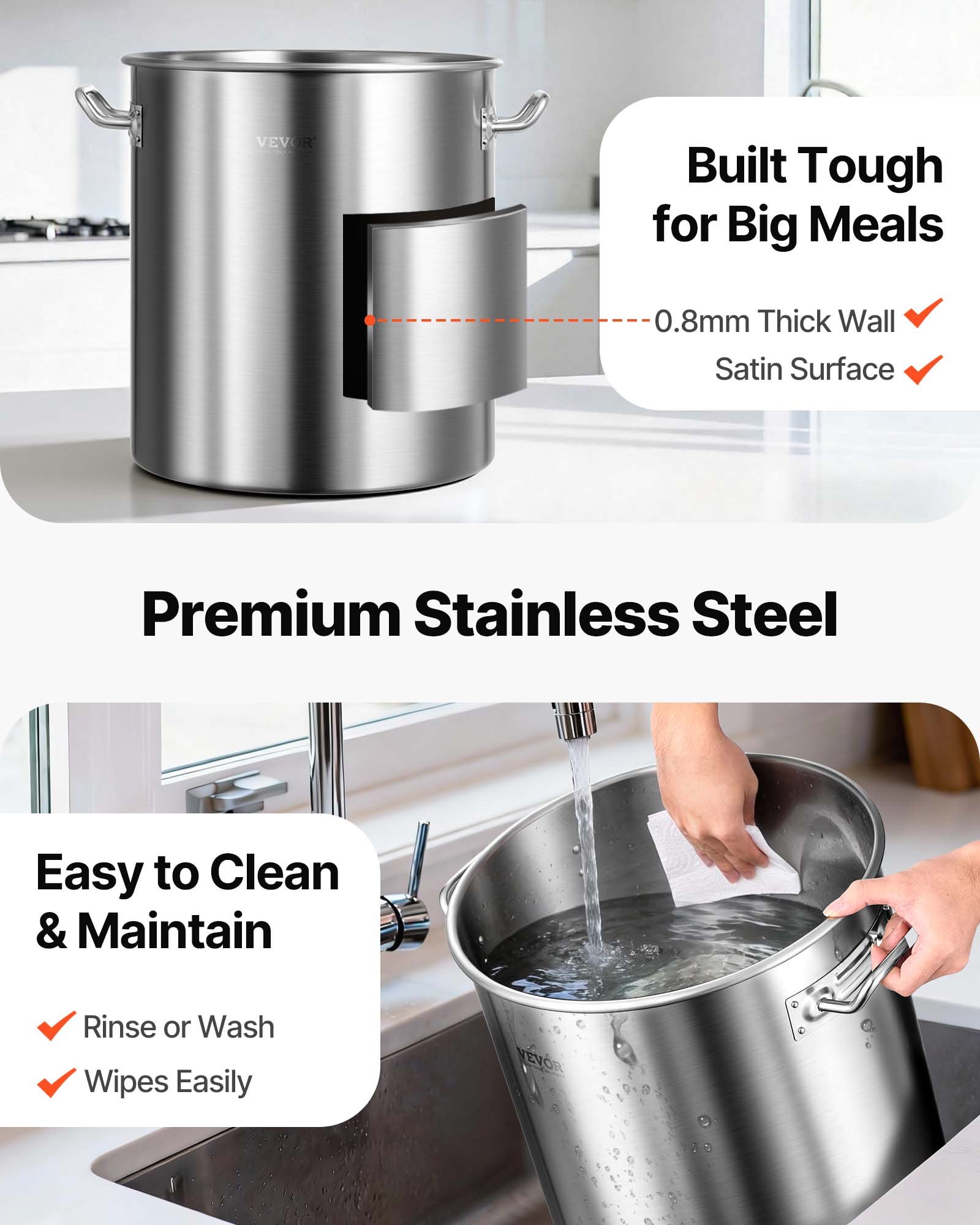 VEVOR Stainless Steel Stockpot, 42 Quart Large Cooking Pots, Cookware Sauce Pot with Basket, Lid, and Handle, Heavy Duty Commercial Grade Stock Pot, Sanding Treatment, for Large Groups Events Silver