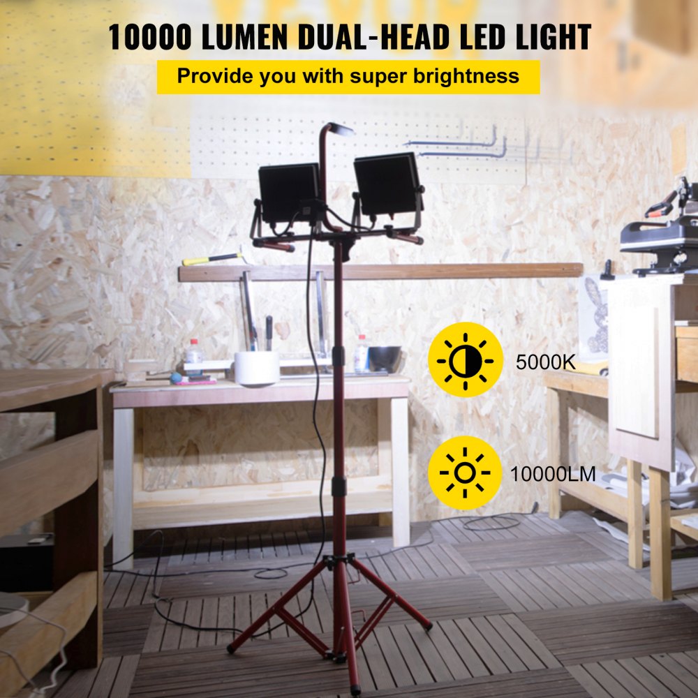 VEVOR LED Work Light with Stand, 2PCS 10000 Lumen Dual-head LED Work Light with 27.6\"-68.1\" Adjustable and Foldable Tripod Stand, IP65 Waterproofed LED Tripod Work Light, with 5000 K Color Temperatu