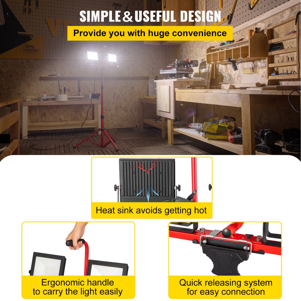 VEVOR LED Work Light with Stand, 2PCS 10000 Lumen Dual-head LED Work Light with 27.6\"-68.1\" Adjustable and Foldable Tripod Stand, IP65 Waterproofed LED Tripod Work Light, with 5000 K Color Temperatu