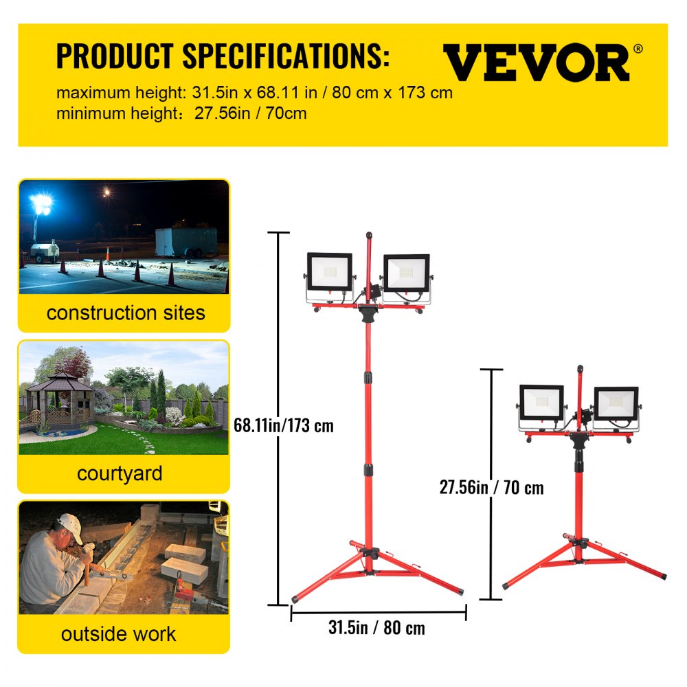 VEVOR Luz de trabajo LED con soporte, luz de trabajo LED de doble cabezal de 4200 lúmenes con soporte de trípode ajustable y plegable de 27,6"-68,1", luz de trabajo de trípode LED impermeable IP65, con temperatura de color de 5000 Kelvin
