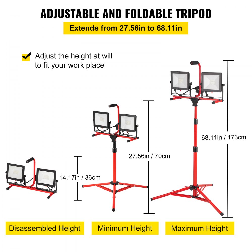 VEVOR LED Work Light with Stand, 5000 Lumen Dual-head LED Work Light with 27.6"-68.1" Adjustable and Foldable Tripod Stand, IP65 Waterproofed LED Tripod Work Light, with 5000 Kelvin Color Temperature