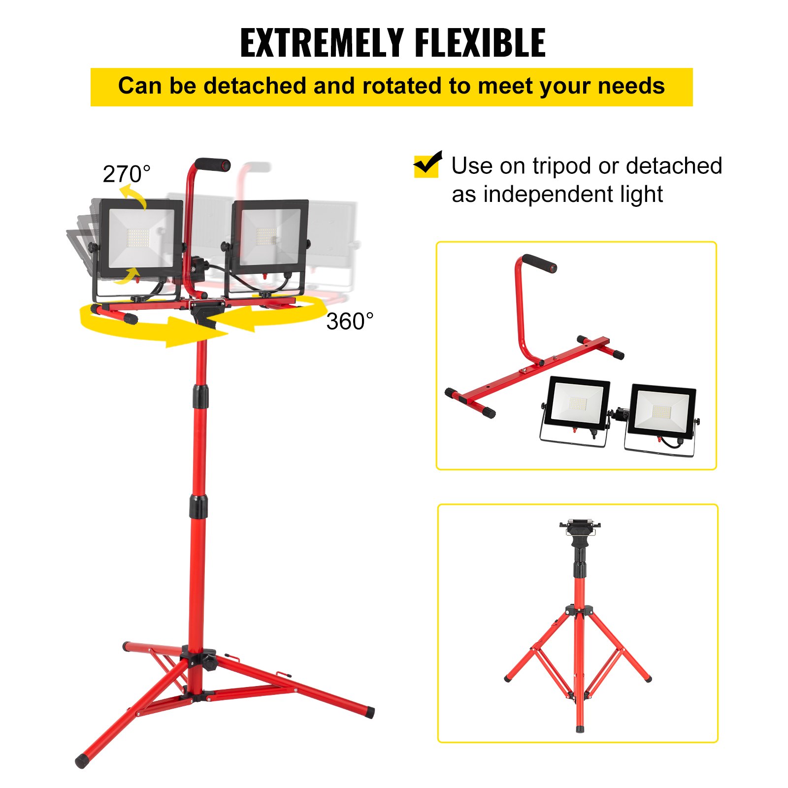 VEVOR LED Work Light with Stand, 5000 Lumen Dual-head LED Work Light with 27.6"-68.1" Adjustable and Foldable Tripod Stand, IP65 Waterproofed LED Tripod Work Light, with 5000 Kelvin Color Temperature