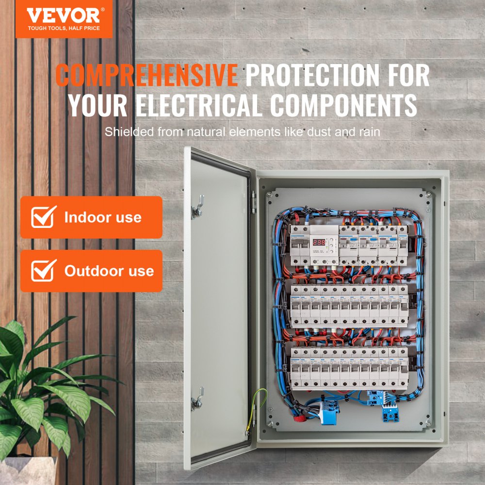 VEVOR Steel Electrical Box, 27.6 x 19.7 x 9.8 in, Cold Rolled Steel Electrical Enclosure Box, Wall-Mounted Outdoor Electronic Equipment Enclosure with Mounting Plate, Hinges, Lock, IP66 Waterproof