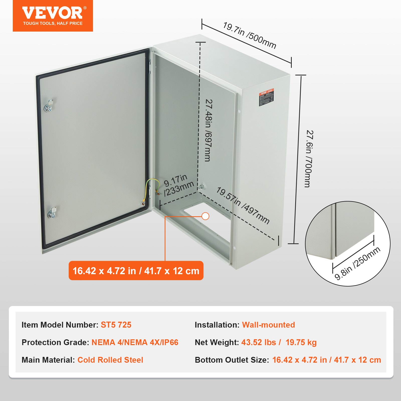 VEVOR Steel Electrical Box, 27.6 x 19.7 x 9.8 in, Cold Rolled Steel Electrical Enclosure Box, Wall-Mounted Outdoor Electronic Equipment Enclosure with Mounting Plate, Hinges, Lock, IP66 Waterproof