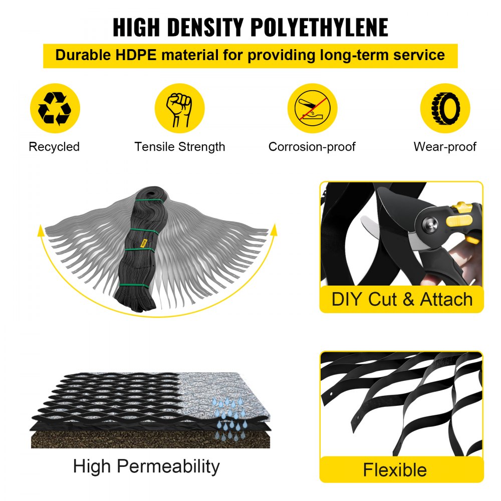 VEVOR ground grid made of durable hdpe, offers tensile strength, permeability, and flexibility.
