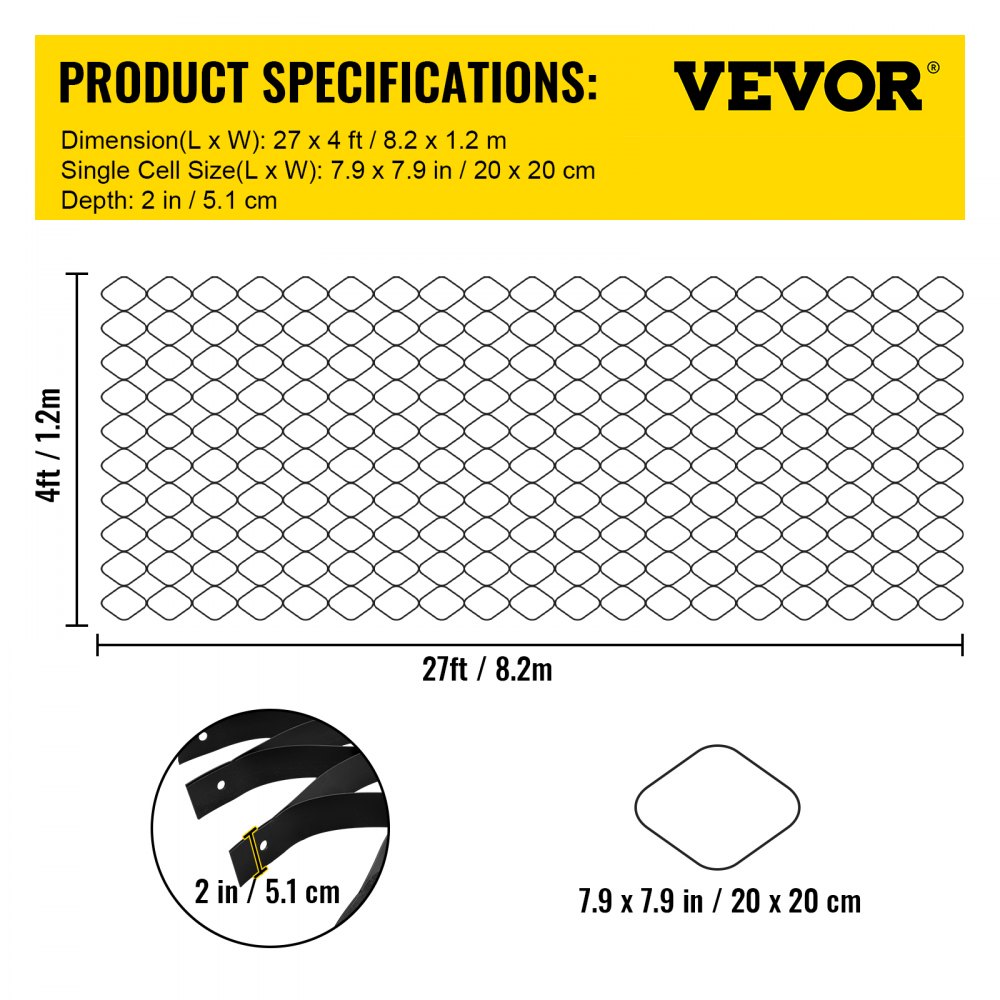 VEVOR ground grid dimensions: 27 x 4 ft, 2 in depth, 7.9 x 7.9 in cells.