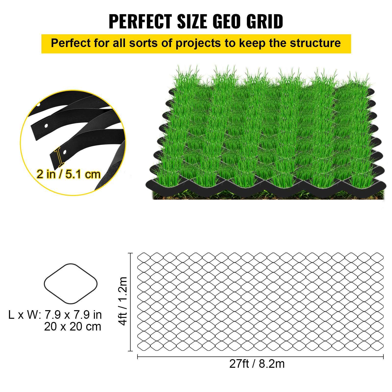 VEVOR ground grid displayed with dimensions: 27ft x 4ft, 2 in spacers, and 20x20 cm cells.