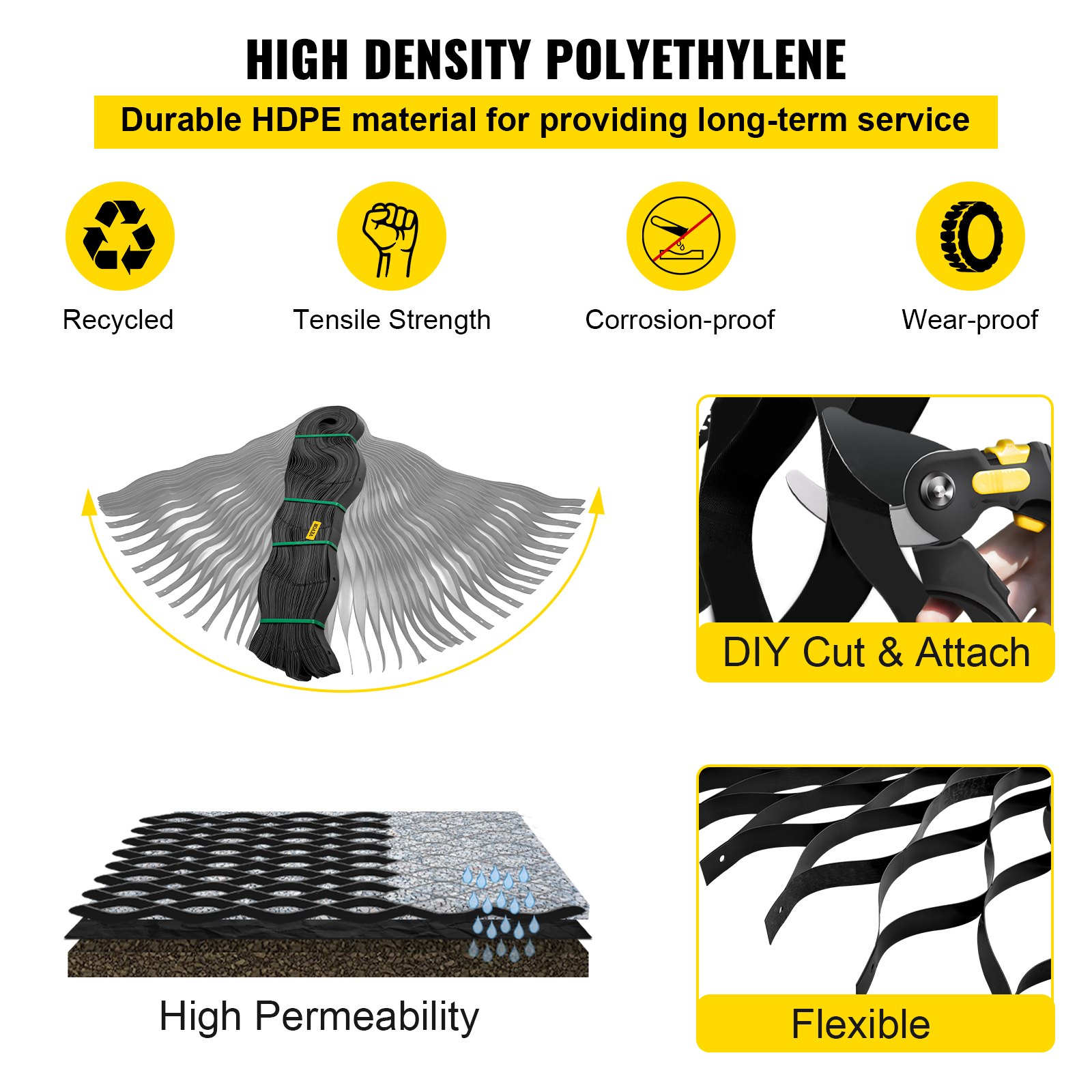 VEVOR ground grid made of durable hdpe, offers tensile strength, permeability, and flexibility.