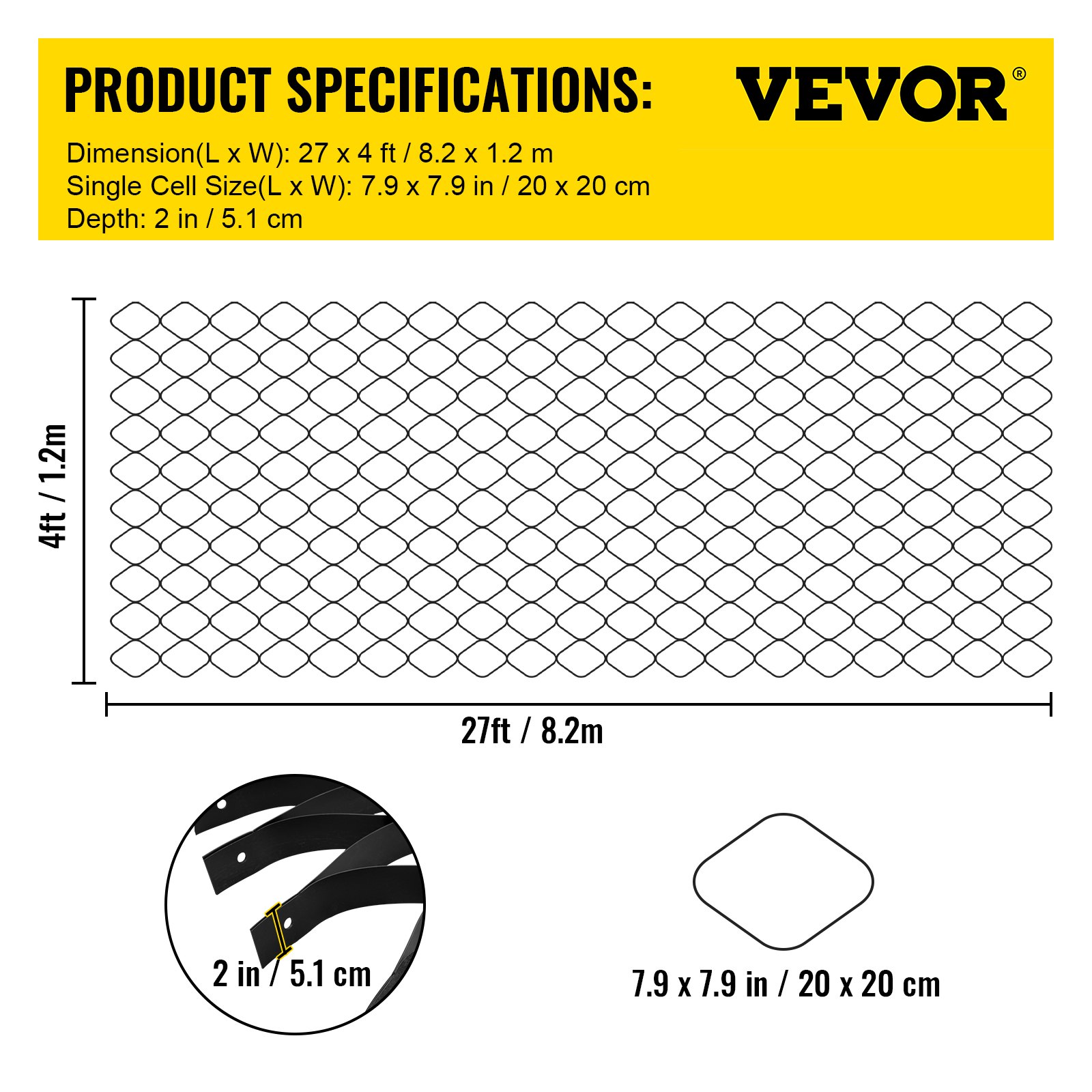 VEVOR ground grid dimensions: 27 x 4 ft, 2 in depth, 7.9 x 7.9 in cells.